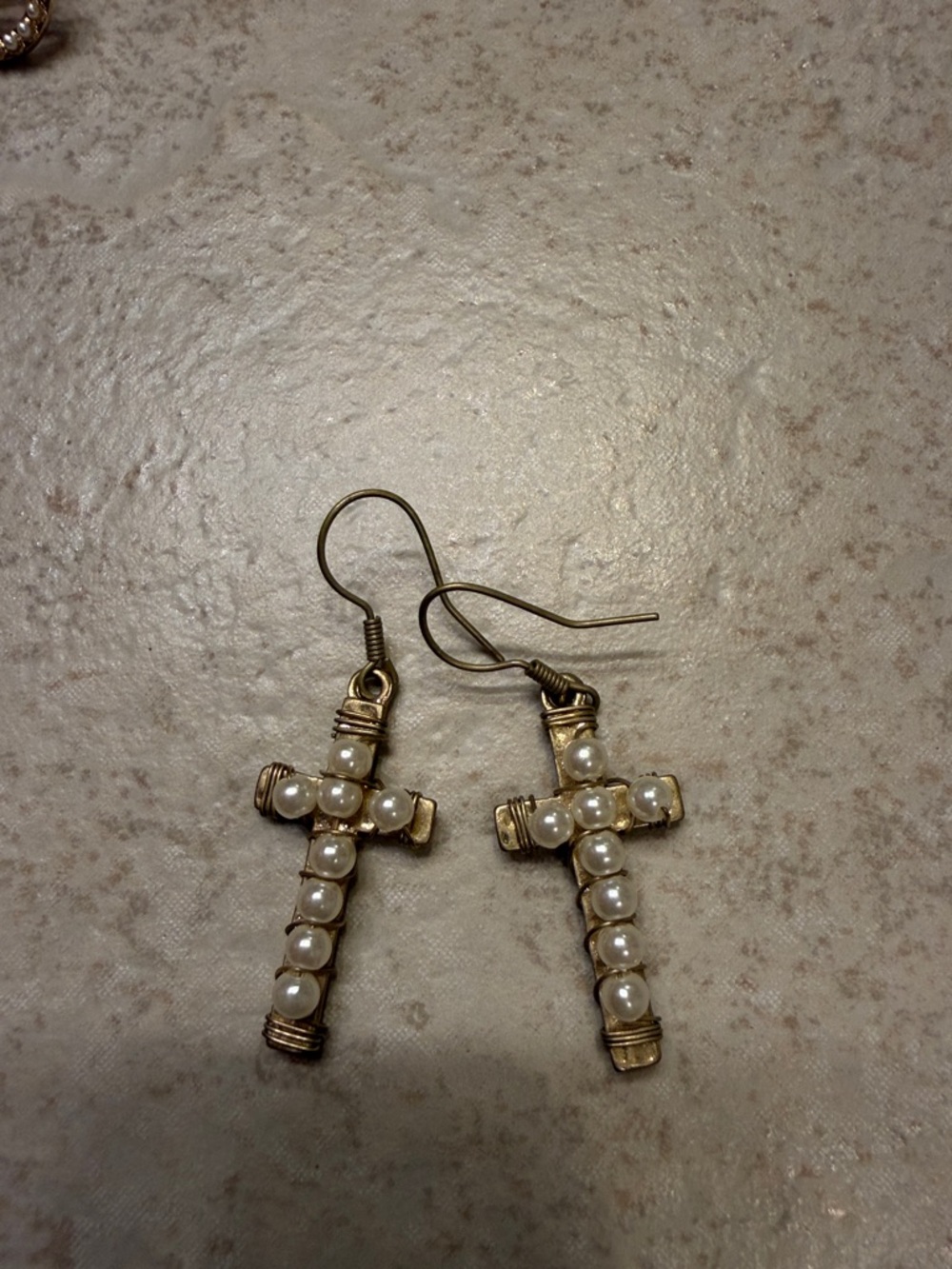 Pearl Cross Drop Earrings - Gold Tone